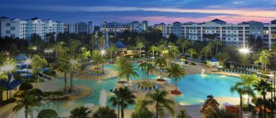 The Fountains pool view at sunset