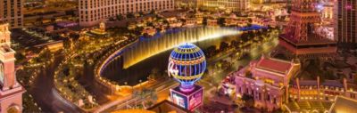 Las Vegas nevada strip belagio fountains aerial view dusk