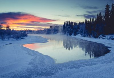 alaska fairbanks chena river clouds trees snow ice sunset
