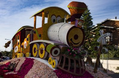 california los angeles train made of flowers parade float