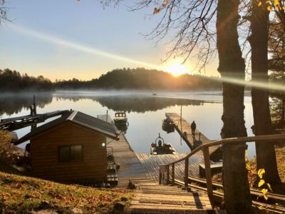 Young's Wilderness Camp dock at sunrise in Canada