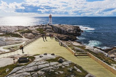 canada peggys cove lighthouse aerial drone view