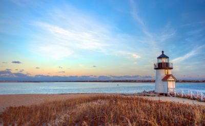 Blue skies and the Brant Point Lighthouse in Nantucket, Cape Cod Massachusetts