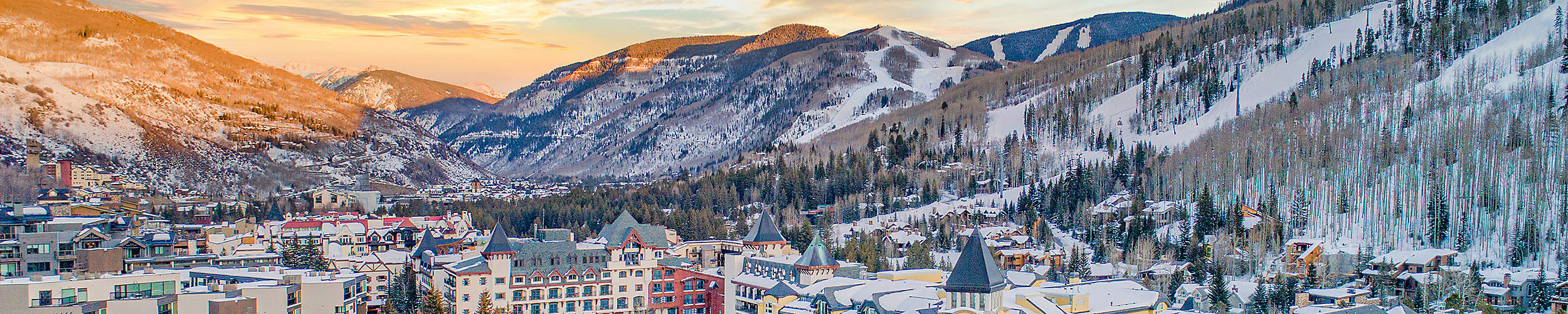 Downtown drone aerial mountain sunset view Vail, CO
