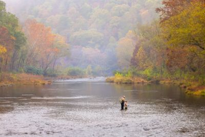 father son fishing mountains fall autumn