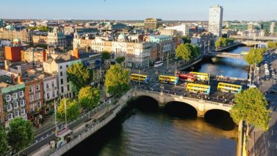 
ireland dublin aerial view with liffey river oconnell bridge sunset