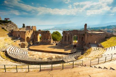 italy sicily taormina greek theater mount etna volcano  