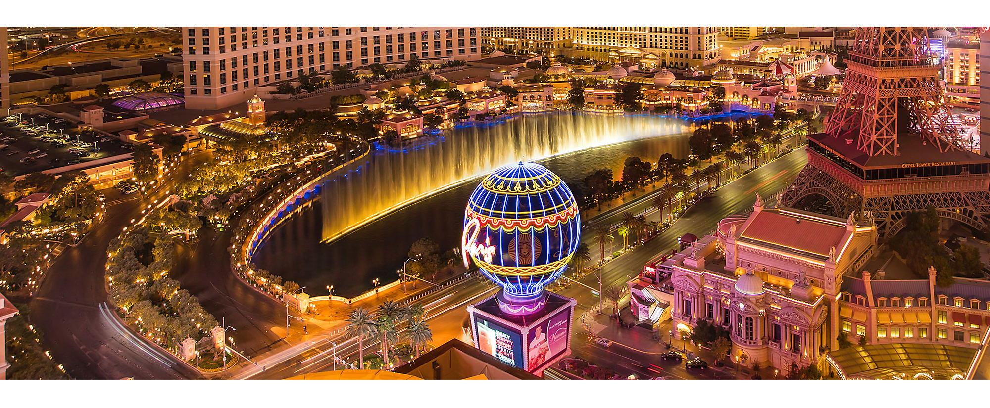 Las Vegas nevada strip belagio fountains aerial view dusk