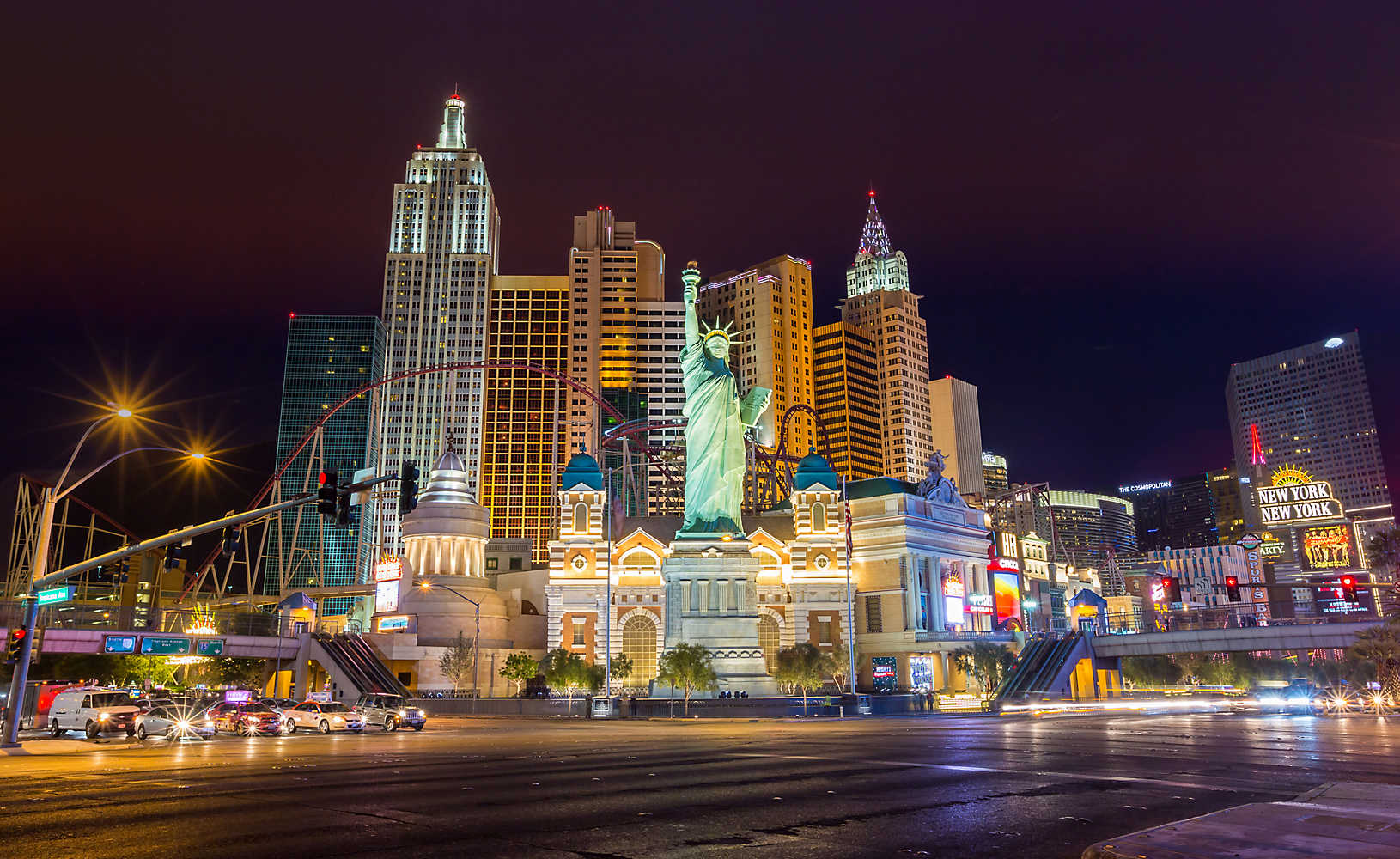 Las Vegas strip at night overlooking New York New York hotel