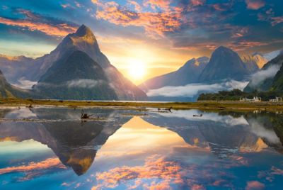 new zealand fiordland national park mitre peak milford sound fiord sunrise