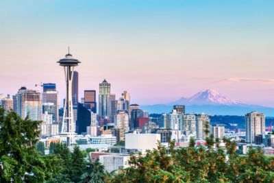 washington seattle cityscape mt rainier in background sunset