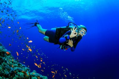 woman scuba diving along coral barrier reef